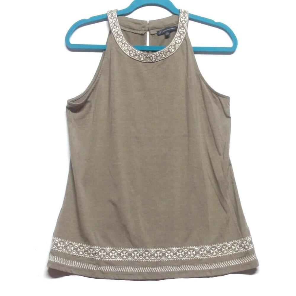 Adrianna Papell Sleeveless Top Taupe Tan Size M Halter Embroidered Hem stretch